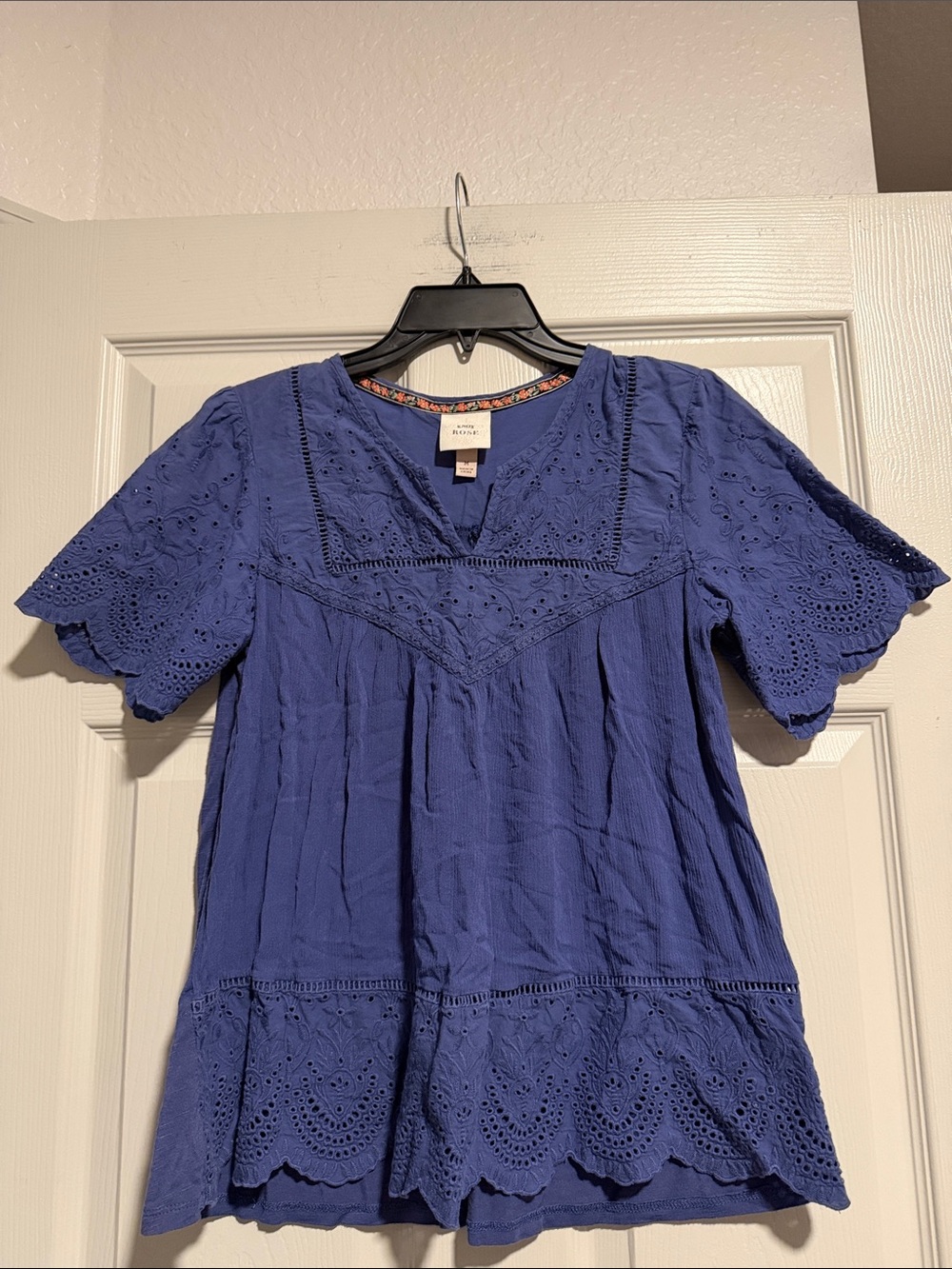 Anthropologie Indigo Eyelet V-Neck Peasant Blouse